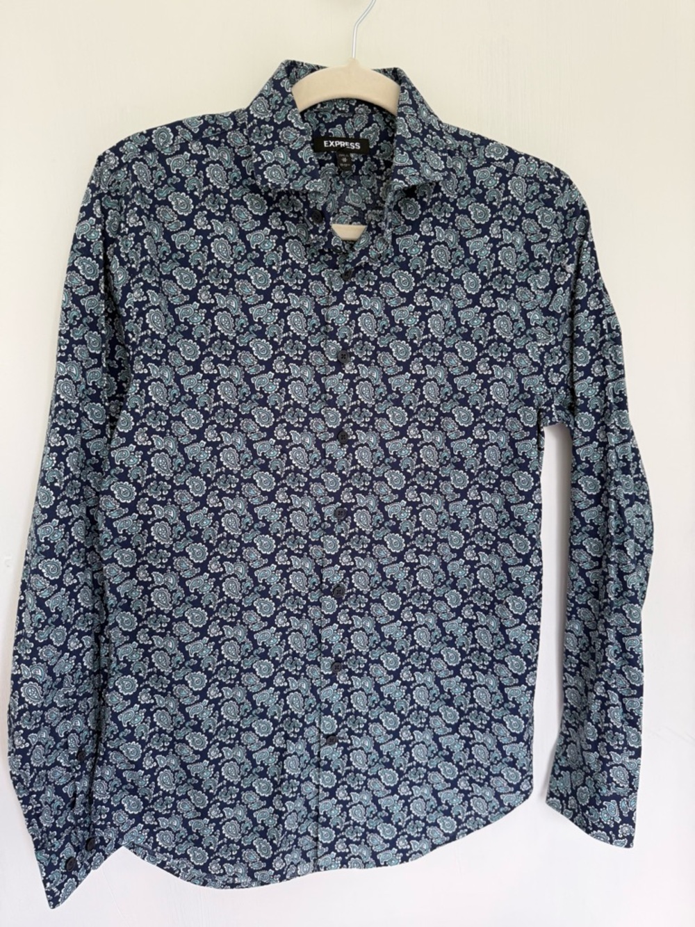 Express Men's Slim Fit Paisley Long Sleeve Button-Up Shirt Navy Blue White XS